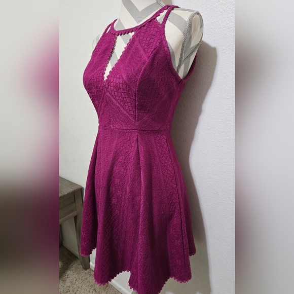 FREE PEOPLE Fit and Flare Lace Skater Dress Magenta Missed Connections Sz 2 - Picture 5 of 16